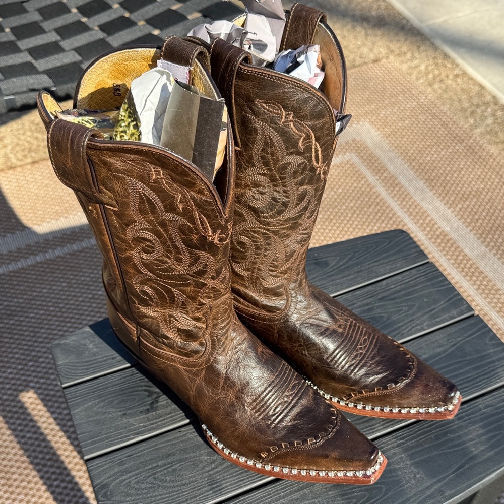Tony Lama Brown Heeled Boots with Embroidery and Rhinestones